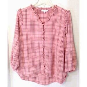 Lauren Conrad Top Wn L Pink Striped Blouse Casual Peasant Boho Milkmaid Ruffles